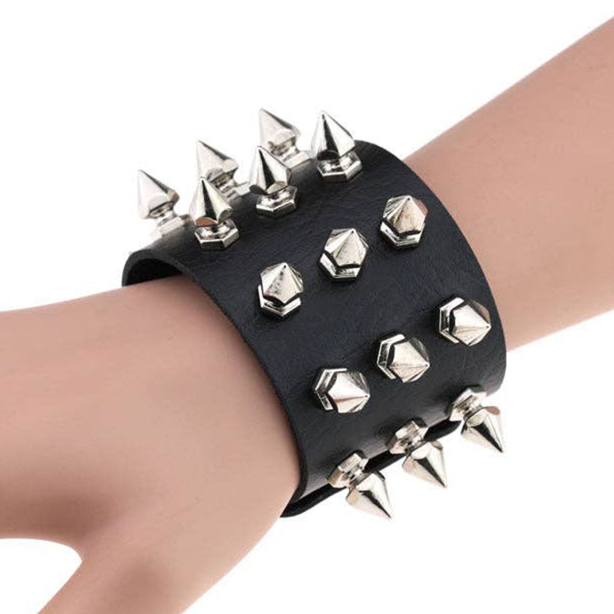 Leather genuine-leather accessories arm-gear jewelry bracelet wrist wrist-cuff spike spikes spiked hexagon-spikes hexagonal-spikes high-quality edgy trendy durable shiny glossy electroplated-finish striking stylish versatile fetish fashion alt-fashion alternative punk goth gothic cyber bondage bdsm bdsm-gear bdsm-toys bdsm-fashion kink kinky kinkwear kinkt-toys wrist-restraints costume cosplay halloween halloween-accessories gifts holiday-shop unisex black