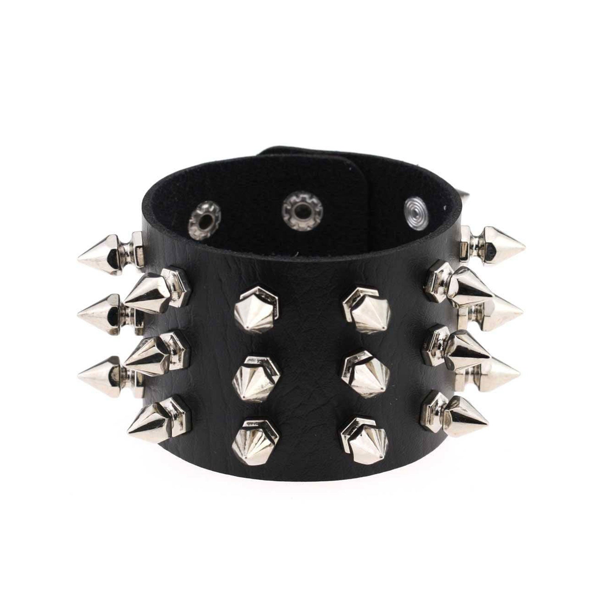 Leather genuine-leather accessories arm-gear jewelry bracelet wrist wrist-cuff spike spikes spiked hexagon-spikes hexagonal-spikes high-quality edgy trendy durable shiny glossy electroplated-finish striking stylish versatile fetish fashion alt-fashion alternative punk goth gothic cyber bondage bdsm bdsm-gear bdsm-toys bdsm-fashion kink kinky kinkwear kinkt-toys wrist-restraints costume cosplay halloween halloween-accessories gifts holiday-shop unisex black