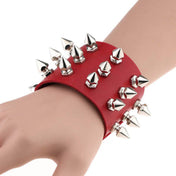 Leather genuine-leather accessories arm-gear jewelry bracelet wrist wrist-cuff spike spikes spiked hexagon-spikes hexagonal-spikes high-quality edgy trendy durable shiny glossy electroplated-finish striking stylish versatile fetish fashion alt-fashion alternative punk goth gothic cyber bondage bdsm bdsm-gear bdsm-toys bdsm-fashion kink kinky kinkwear kinkt-toys wrist-restraints costume cosplay halloween halloween-accessories gifts holiday-shop unisex red