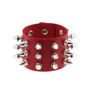 Leather genuine-leather accessories arm-gear jewelry bracelet wrist wrist-cuff spike spikes spiked hexagon-spikes hexagonal-spikes high-quality edgy trendy durable shiny glossy electroplated-finish striking stylish versatile fetish fashion alt-fashion alternative punk goth gothic cyber bondage bdsm bdsm-gear bdsm-toys bdsm-fashion kink kinky kinkwear kinkt-toys wrist-restraints costume cosplay halloween halloween-accessories gifts holiday-shop unisex red
