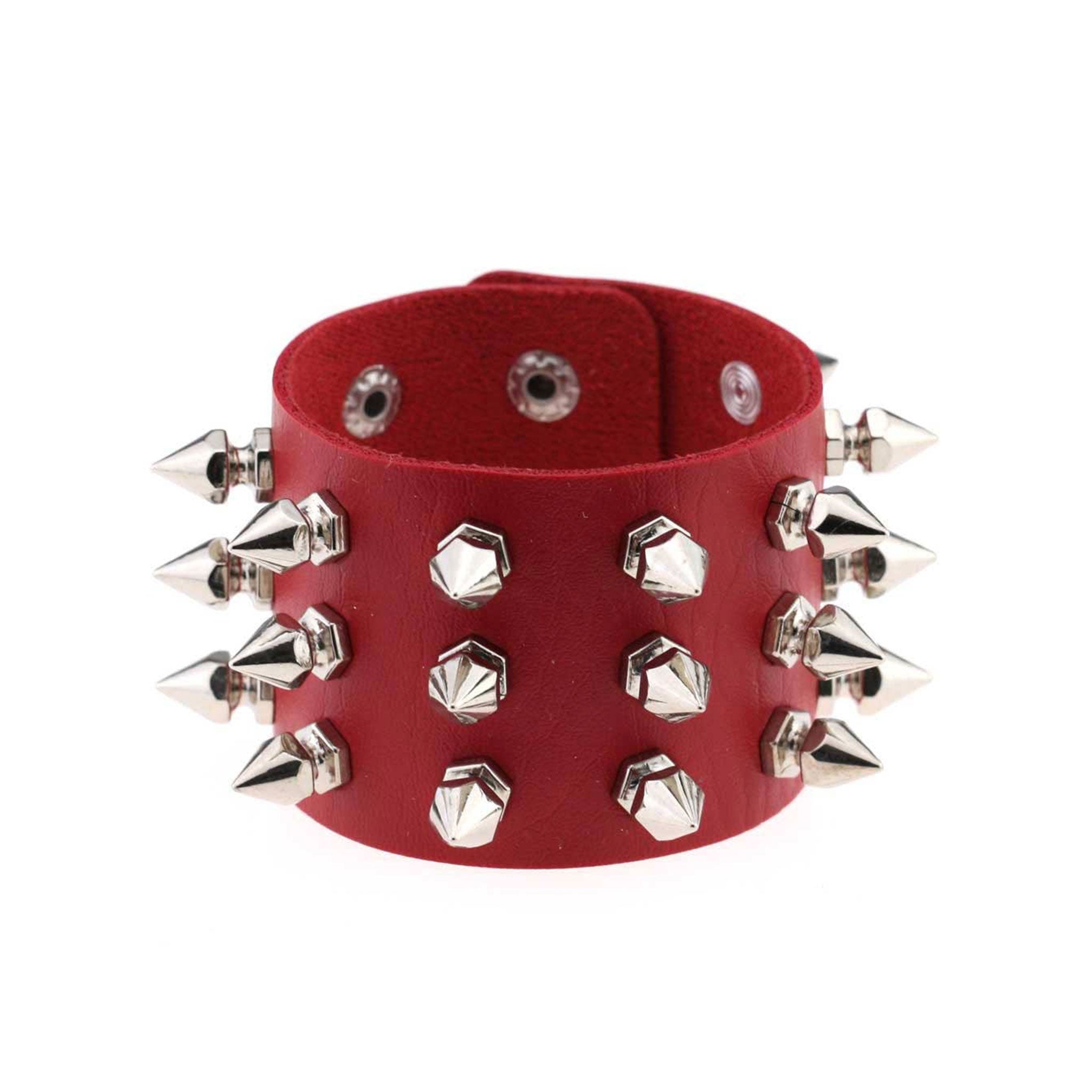 Leather genuine-leather accessories arm-gear jewelry bracelet wrist wrist-cuff spike spikes spiked hexagon-spikes hexagonal-spikes high-quality edgy trendy durable shiny glossy electroplated-finish striking stylish versatile fetish fashion alt-fashion alternative punk goth gothic cyber bondage bdsm bdsm-gear bdsm-toys bdsm-fashion kink kinky kinkwear kinkt-toys wrist-restraints costume cosplay halloween halloween-accessories gifts holiday-shop unisex red