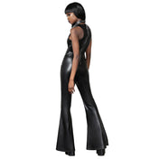 Leather vegan-leather faux-leather synthetic-leather PU apparel one-piece onepiece onesie catsuit jumpsuit sleeveless long long-leg bell-bottoms bellbottoms flares zipper back-zip half-zip pull-ring front-lacing V-neck studs studded side-studded round-stud no-pockets sleek soft animal-friendly curve-hugging fetish fashion fashion-forward alt-fashion alternative rock goth gothic goth-doll festival rave ravewear raver-babe 70s-retro 70's costume cosplay halloween female femme feminine womens black