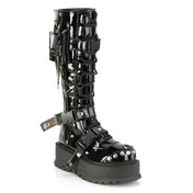 studded pvc platform boots with cargo side pocket and buckles black fetish footwear gothic pvc platform boots with studs rings zipper straps edgy industrial fashion combat style