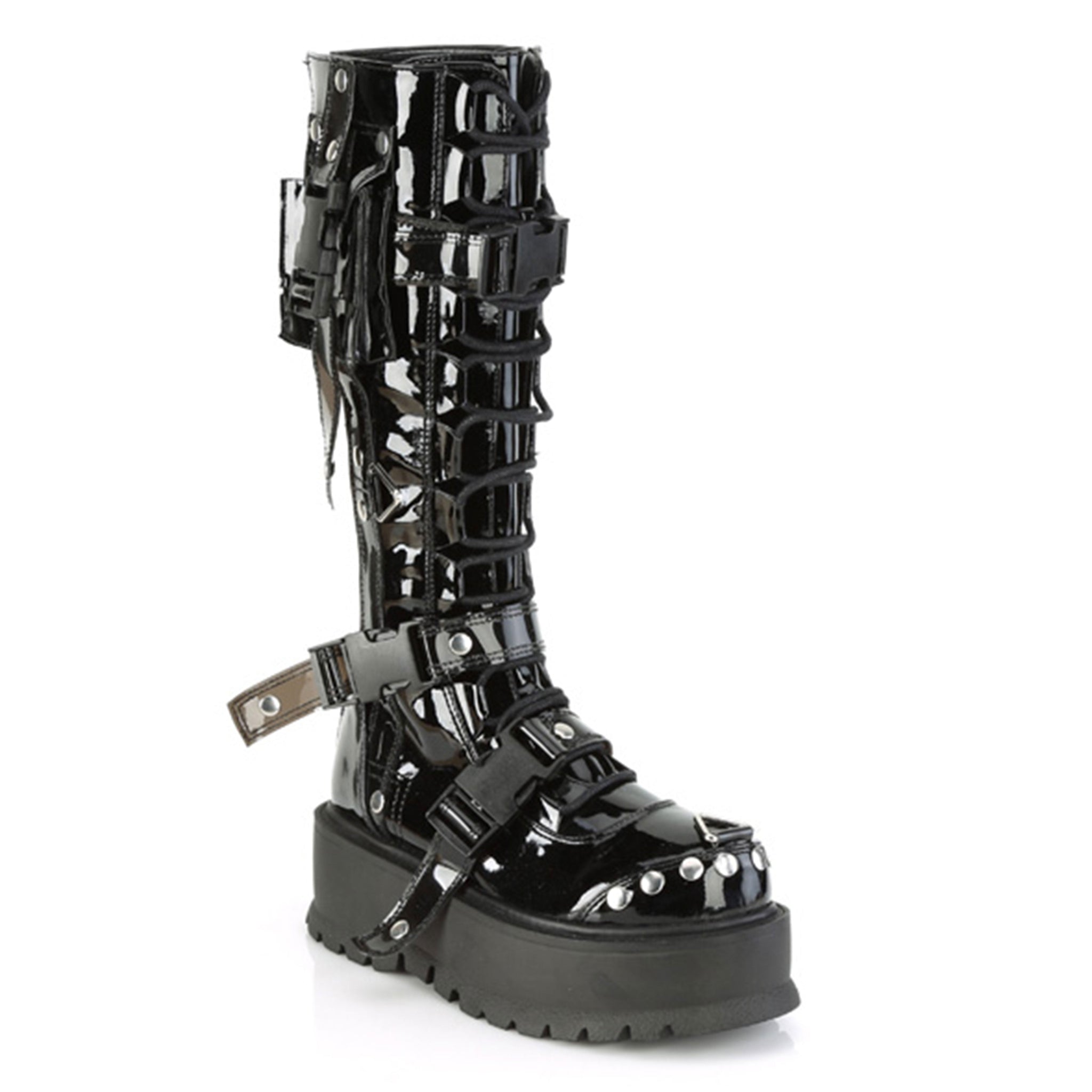 studded pvc platform boots with cargo side pocket and buckles black fetish footwear gothic pvc platform boots with studs rings zipper straps edgy industrial fashion combat style