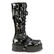 studded pvc platform boots with cargo side pocket and buckles black fetish footwear gothic pvc platform boots with studs rings zipper straps edgy industrial fashion combat style