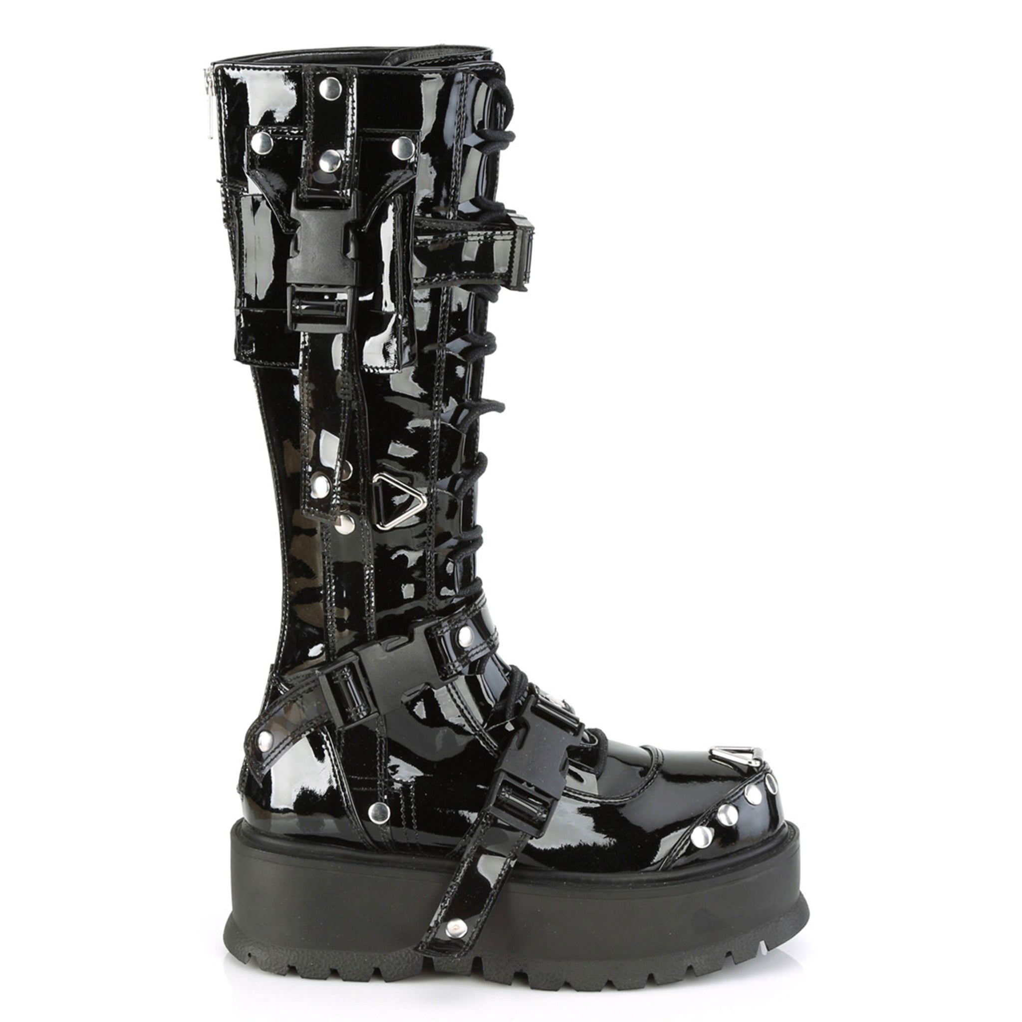 studded pvc platform boots with cargo side pocket and buckles black fetish footwear gothic pvc platform boots with studs rings zipper straps edgy industrial fashion combat style