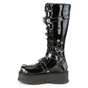 studded pvc platform boots with cargo side pocket and buckles black fetish footwear gothic pvc platform boots with studs rings zipper straps edgy industrial fashion combat style