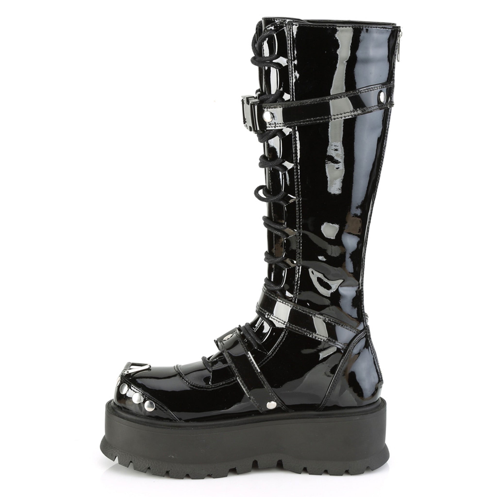 studded pvc platform boots with cargo side pocket and buckles black fetish footwear gothic pvc platform boots with studs rings zipper straps edgy industrial fashion combat style