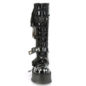 studded pvc platform boots with cargo side pocket and buckles black fetish footwear gothic pvc platform boots with studs rings zipper straps edgy industrial fashion combat style