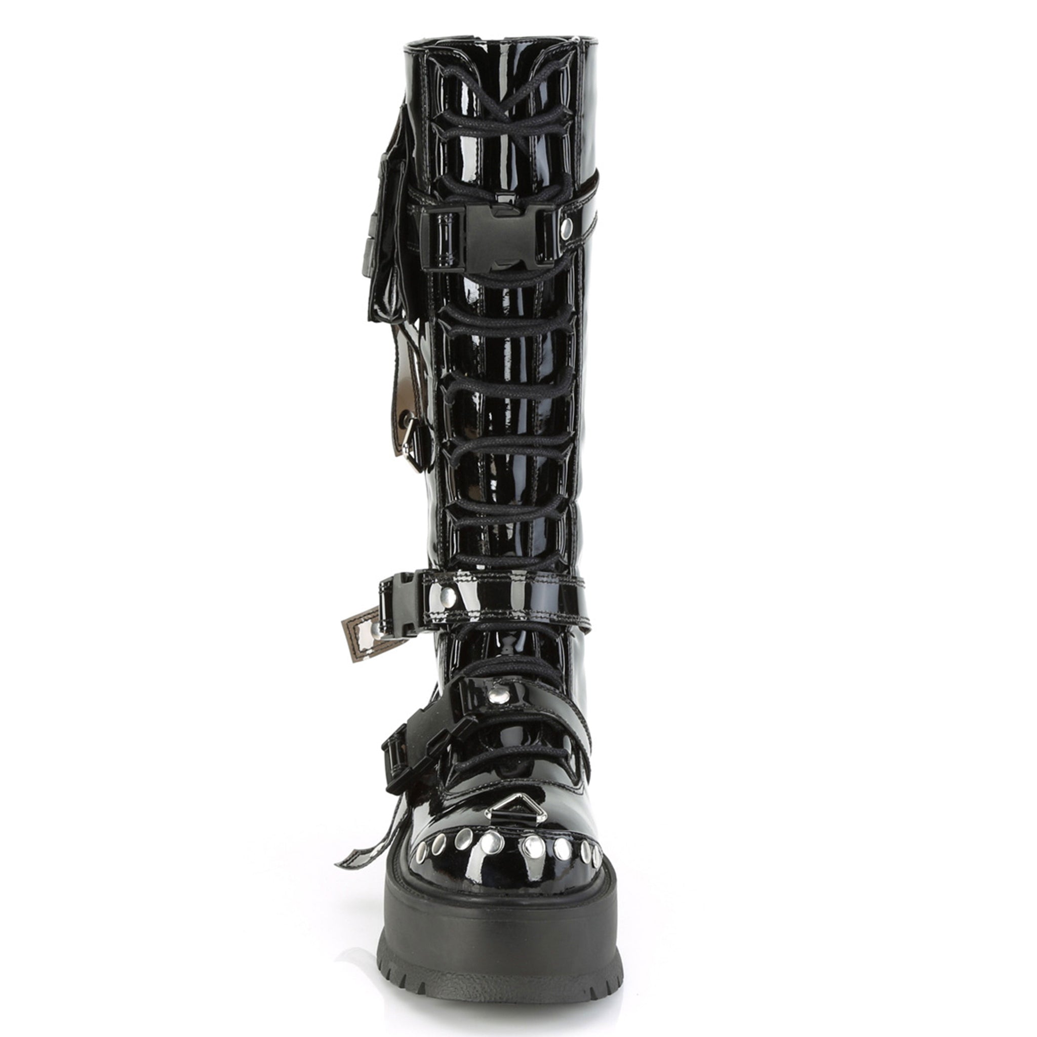 studded pvc platform boots with cargo side pocket and buckles black fetish footwear gothic pvc platform boots with studs rings zipper straps edgy industrial fashion combat style