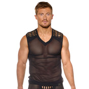 Mesh top shirt sleeveless shoulder cage pyramid-studs studs studded muscle fashion fetish-fashion alt-fashion male masculine masc mens menswear dudes guys black