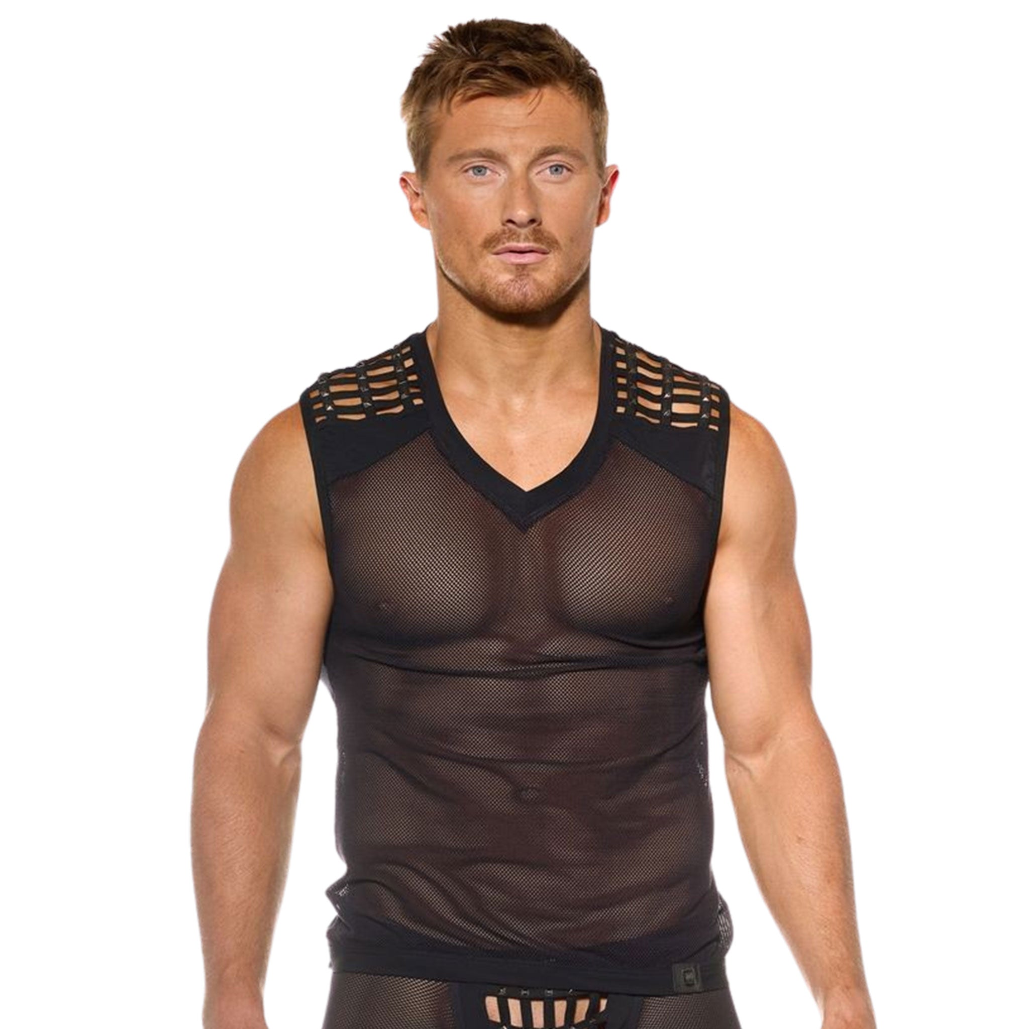 Mesh top shirt sleeveless shoulder cage pyramid-studs studs studded muscle fashion fetish-fashion alt-fashion male masculine masc mens menswear dudes guys black