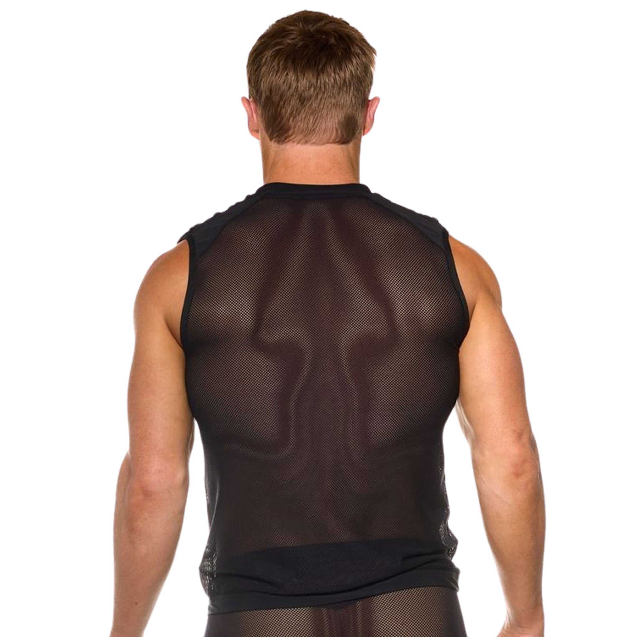 Mesh top shirt sleeveless shoulder cage pyramid-studs studs studded muscle fashion fetish-fashion alt-fashion male masculine masc mens menswear dudes guys black