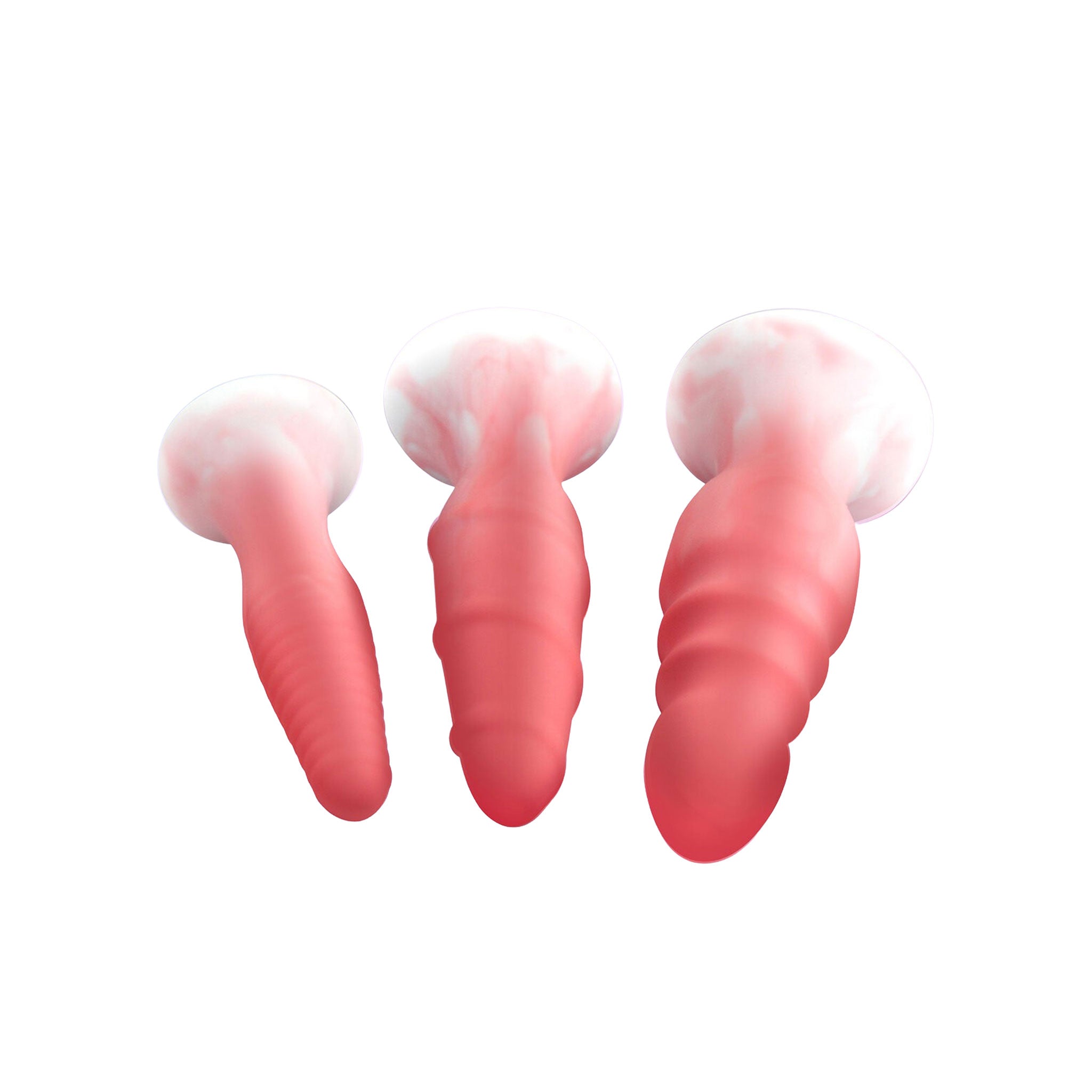 Silicone plug probe anal-anal-toys anal-play butt buttplug butt-plug spiral ridged ribbed textured suction-cup harness-compatible soft flexible couples nonvibe non-vibe nonvibrating non-vibrating set 3pc three-piece 3-piece adult-toys pink