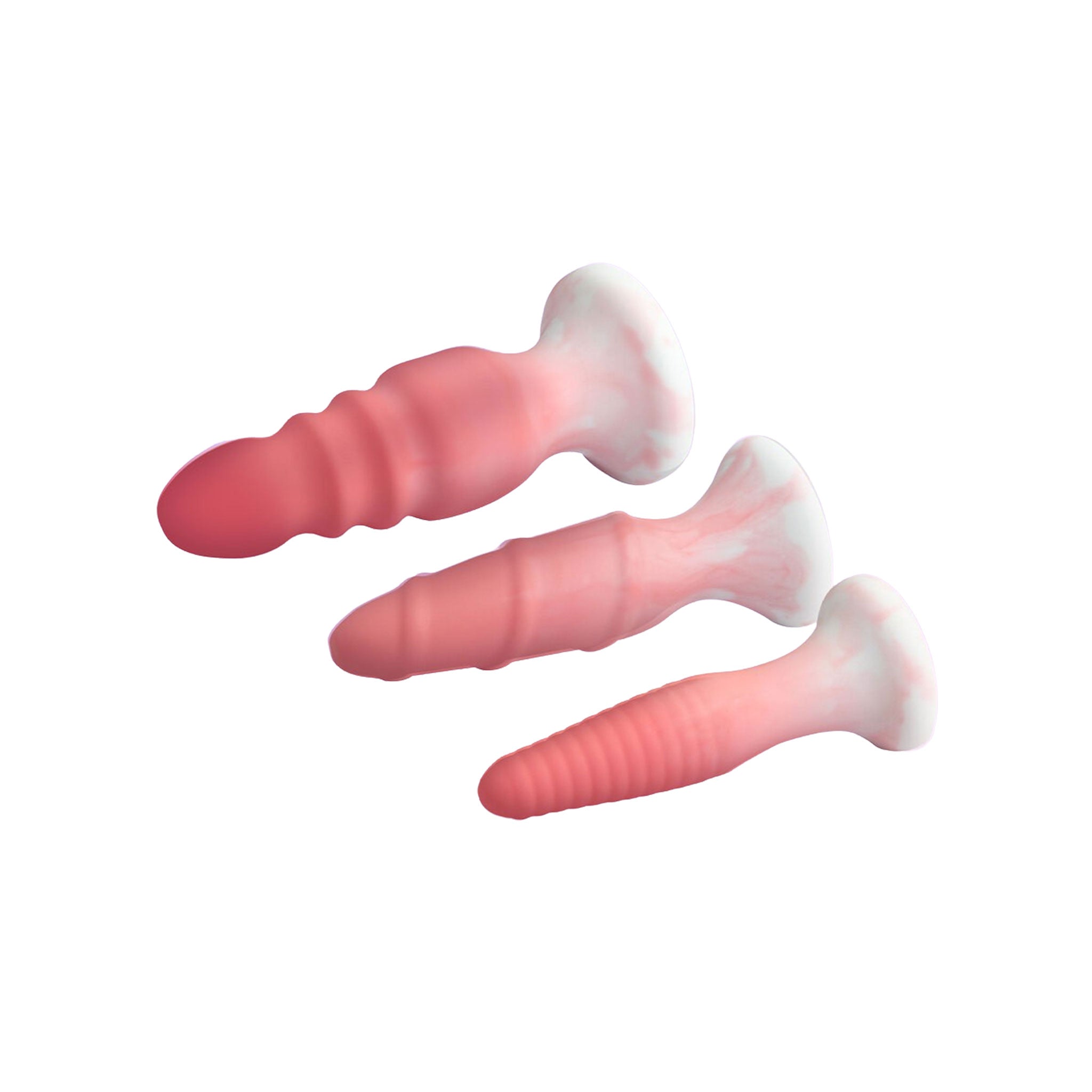 Silicone plug probe anal-anal-toys anal-play butt buttplug butt-plug spiral ridged ribbed textured suction-cup harness-compatible soft flexible couples nonvibe non-vibe nonvibrating non-vibrating set 3pc three-piece 3-piece adult-toys pink