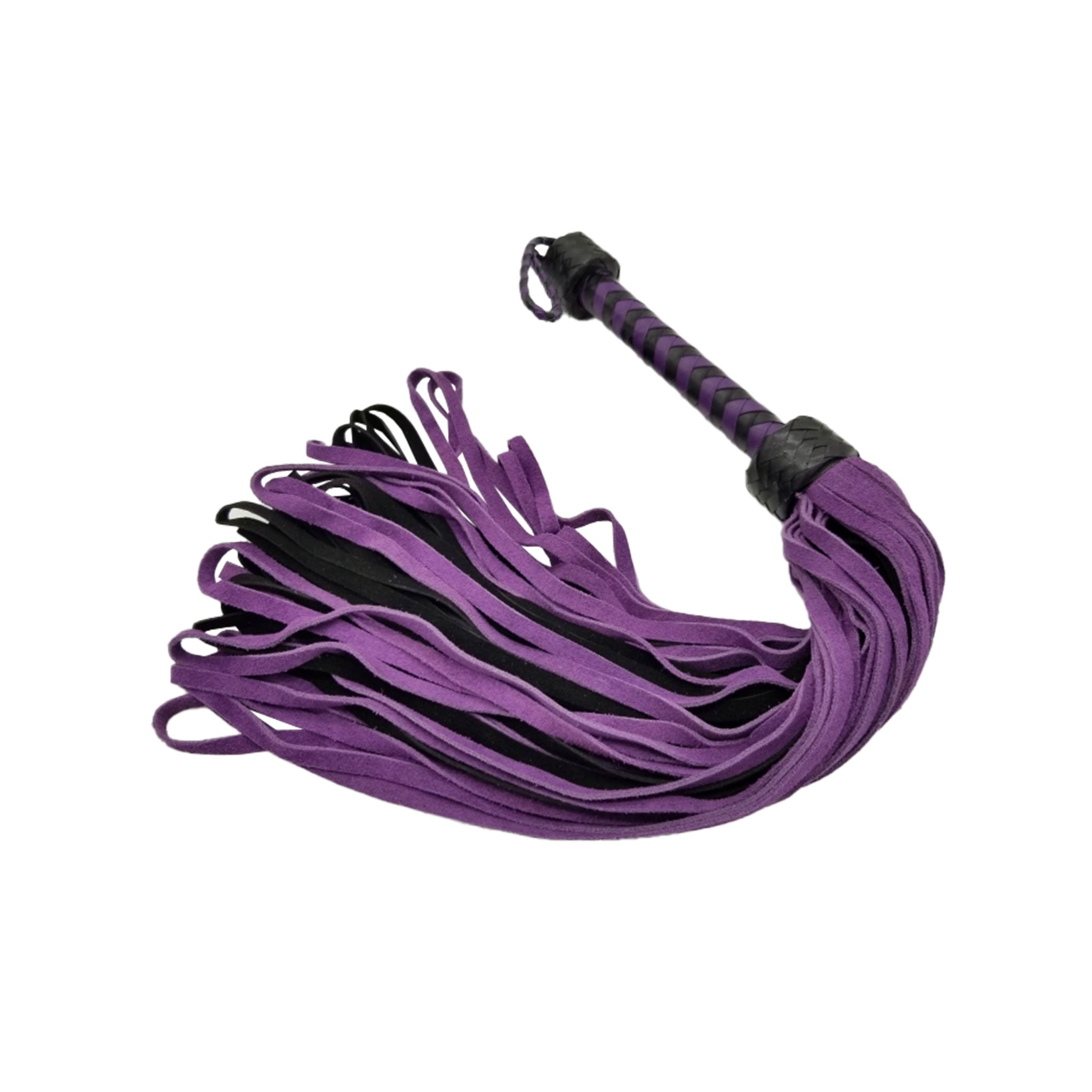 Leather genuine suede authentic flogger whip falls loop looped braided handle long thuddy spanking bondage bdsm bdsm-gear sadism masochism sadomasochism impact impact-play impact-toys kink kinky kinky-play adult-toys accessories black purple
