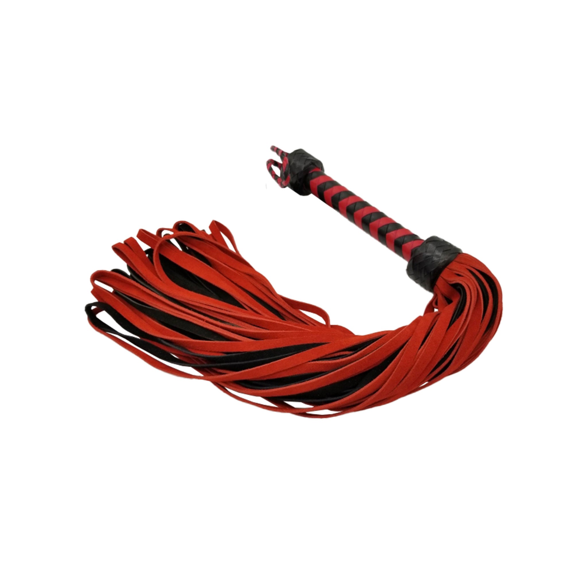 Leather genuine suede authentic flogger whip falls loop looped braided handle long thuddy spanking bondage bdsm bdsm-gear sadism masochism sadomasochism impact impact-play impact-toys kink kinky kinky-play adult-toys accessories black red
