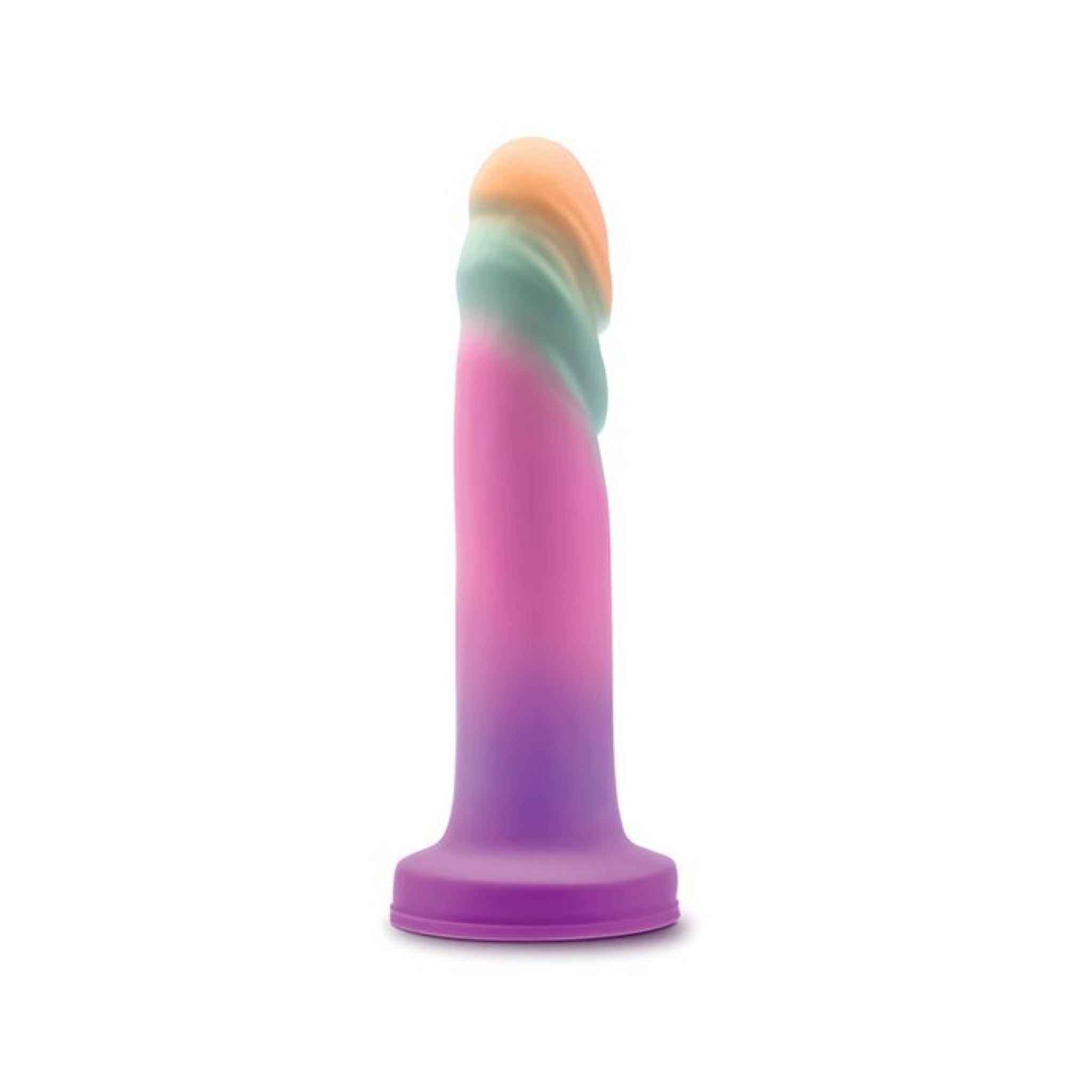 Pastel sherbet silicone dildo, textured ridges, G-spot and P-spot stimulation, strong suction cup, harness compatible.