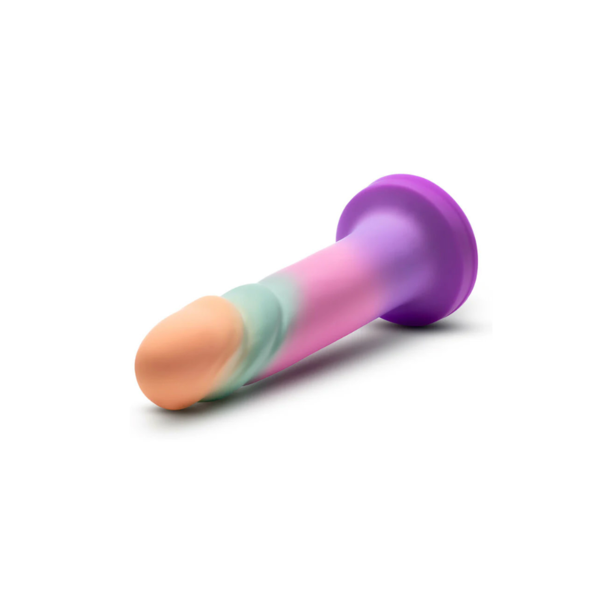 Pastel sherbet silicone dildo, textured ridges, G-spot and P-spot stimulation, strong suction cup, harness compatible.