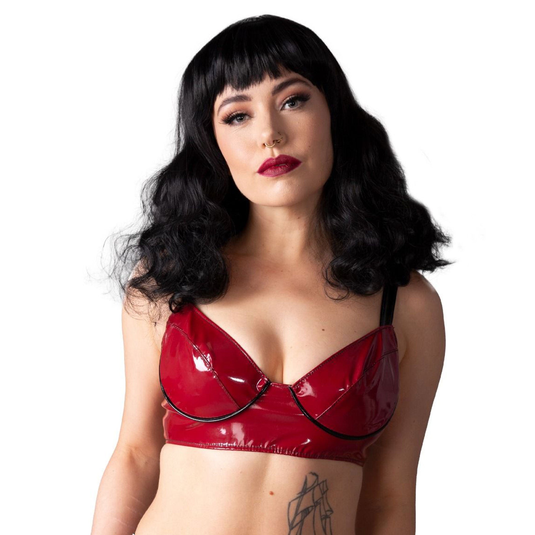 PVC vinyl polyester polyamide intimates lingerie bra hook-and-eye shoulder-straps adjustable glossy shiny flaunt simple sexy bdsm submission domination domme dominatrix mistress submissive female femme feminine womens red burgundy