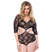 Nylon lingerie bodysuit body suit queen plus size curvy teddy full back panty floral intimates female feminine femme women sexy deep-V plunging cut-out cutout sleeves sleeve 3/4 sheer stretchy lace black