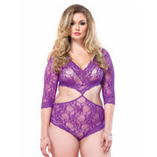 Nylon lingerie bodysuit body suit queen plus size curvy teddy full back panty floral intimates female feminine femme women sexy deep-V plunging cut-out cutout sleeves sleeve 3/4 sheer stretchy lace purple