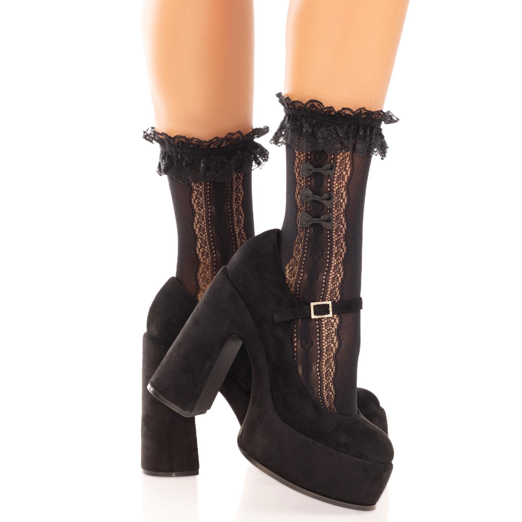 Spandex nylon socks ankle lace ruffle sweetheart lolita hearts mini-bows bows kawaii brat littles ddlg schoolgirl school girl uniform stretchy accessories female feminine femme women woman halloween costume cosplay black