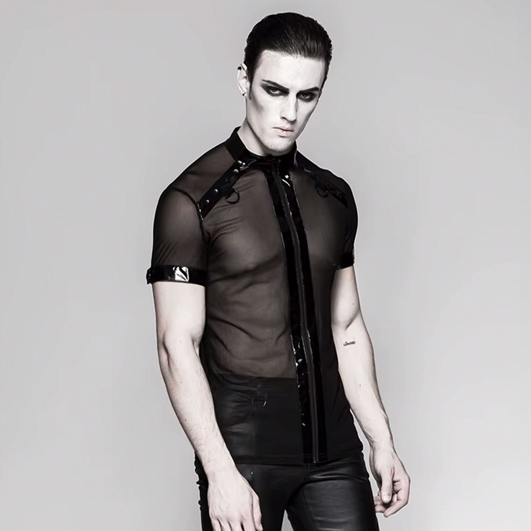 PVC vinyl glossy mesh dense sheer transparent top shirt t-shirt tee shirt tshirt short sleeve sleeved short-sleeved short-sleeve zipper zip trim detachable hanging chain chains snap-button push-button pyramid studs studded D-ring goth gothic punk black