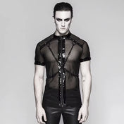 PVC vinyl glossy mesh dense sheer transparent top shirt t-shirt tee shirt tshirt short sleeve sleeved short-sleeved short-sleeve zipper zip trim detachable hanging chain chains snap-button push-button pyramid studs studded D-ring goth gothic punk black