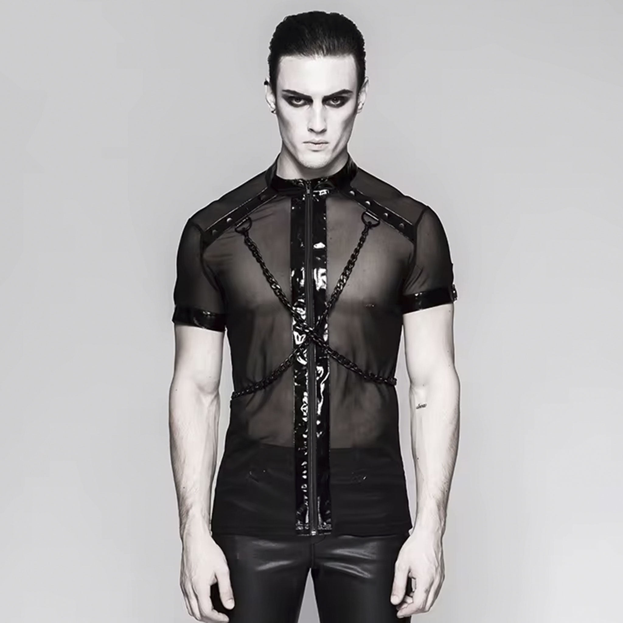 PVC vinyl glossy mesh dense sheer transparent top shirt t-shirt tee shirt tshirt short sleeve sleeved short-sleeved short-sleeve zipper zip trim detachable hanging chain chains snap-button push-button pyramid studs studded D-ring goth gothic punk black