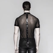 PVC vinyl glossy mesh dense sheer transparent top shirt t-shirt tee shirt tshirt short sleeve sleeved short-sleeved short-sleeve zipper zip trim detachable hanging chain chains snap-button push-button pyramid studs studded D-ring goth gothic punk black