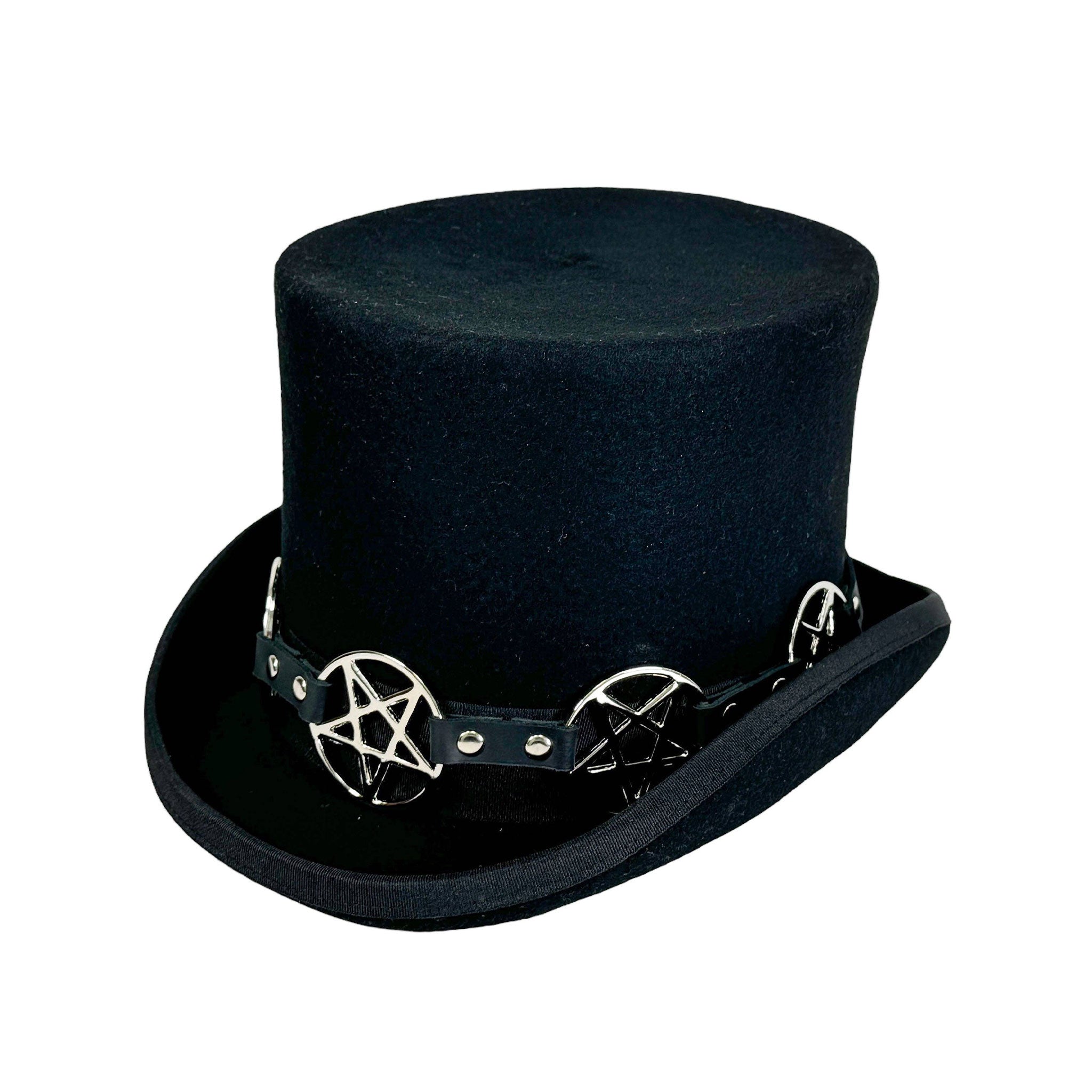 Felt leather satin-lining accessories headgear hat top-hat curled-brim stout ribbon-band leather-band pentagram pentacle adjustable buckle dark fancy dapper dandy-fashion fashion alt-fashion alternative punk goth gothic steampunk festival british regency costume character-costume costume-accessories cosplay halloween halloween-accessories john-bull baron-samedi gifts unisex black 