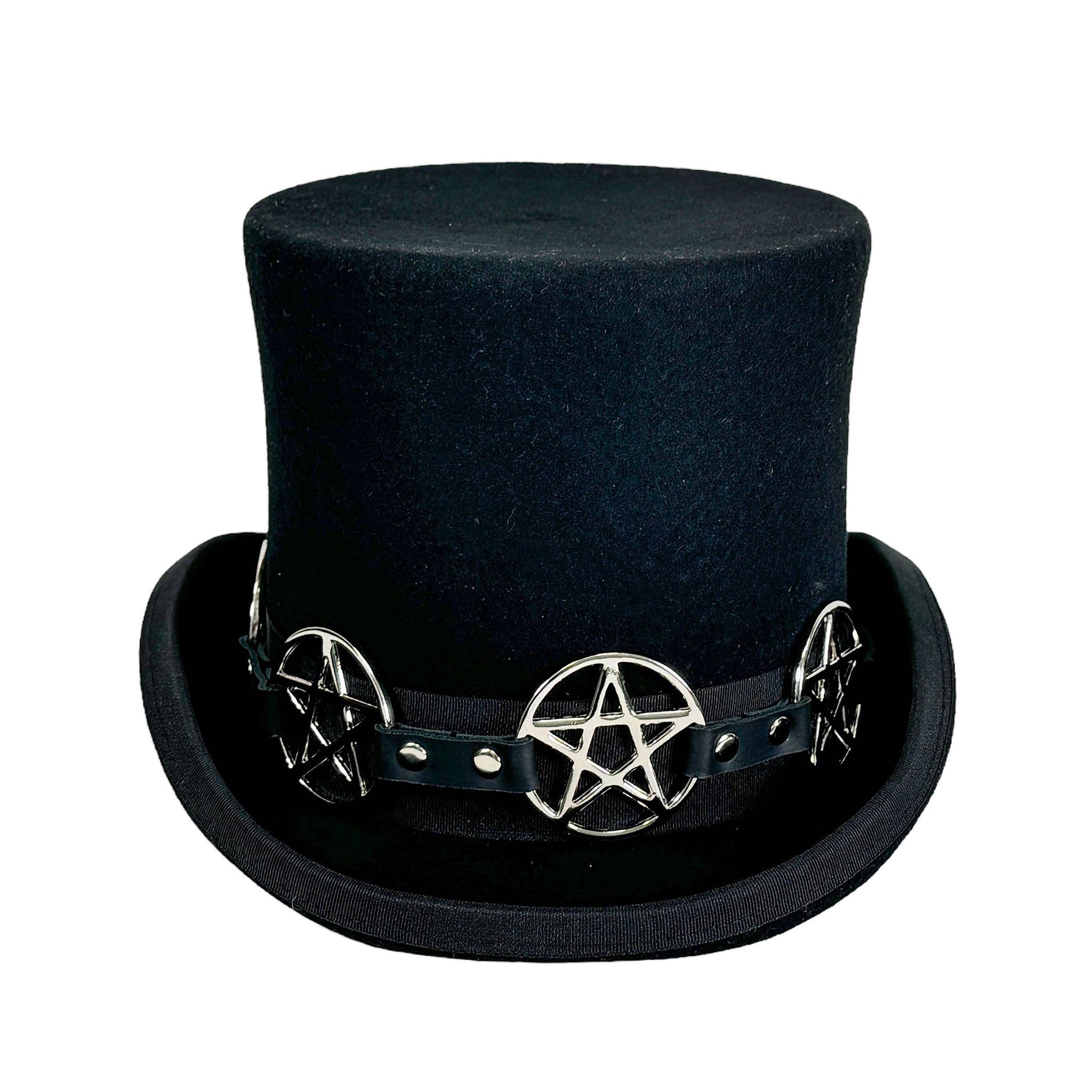 Felt leather satin-lining accessories headgear hat top-hat curled-brim stout ribbon-band leather-band pentagram pentacle adjustable buckle dark fancy dapper dandy-fashion fashion alt-fashion alternative punk goth gothic steampunk festival british regency costume character-costume costume-accessories cosplay halloween halloween-accessories john-bull baron-samedi gifts unisex black 