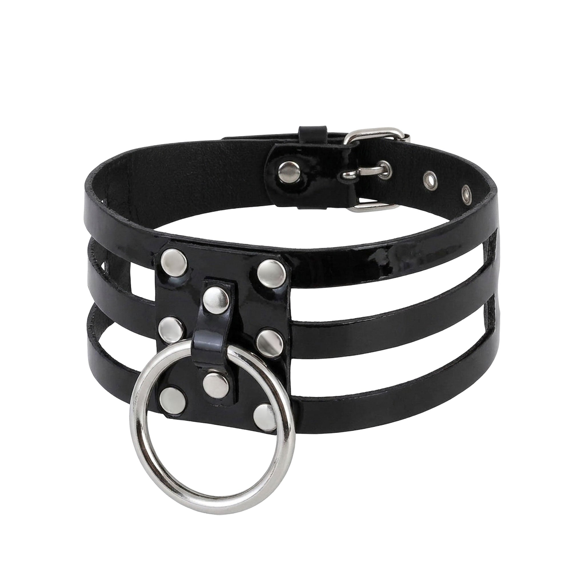 PVC vinyl grommets accessories neckwear collar choker triple-strap cut-out O-ring adjustable buckle shiny glossy wide fetish fashion alt-fashion alternative punk goth gothic bedroom dungeon bondage bondage-collars bdsm bdsm-gear bdsm-toys kink kinky kinkwear kinky-toys costume cosplay halloween gifts unisex black