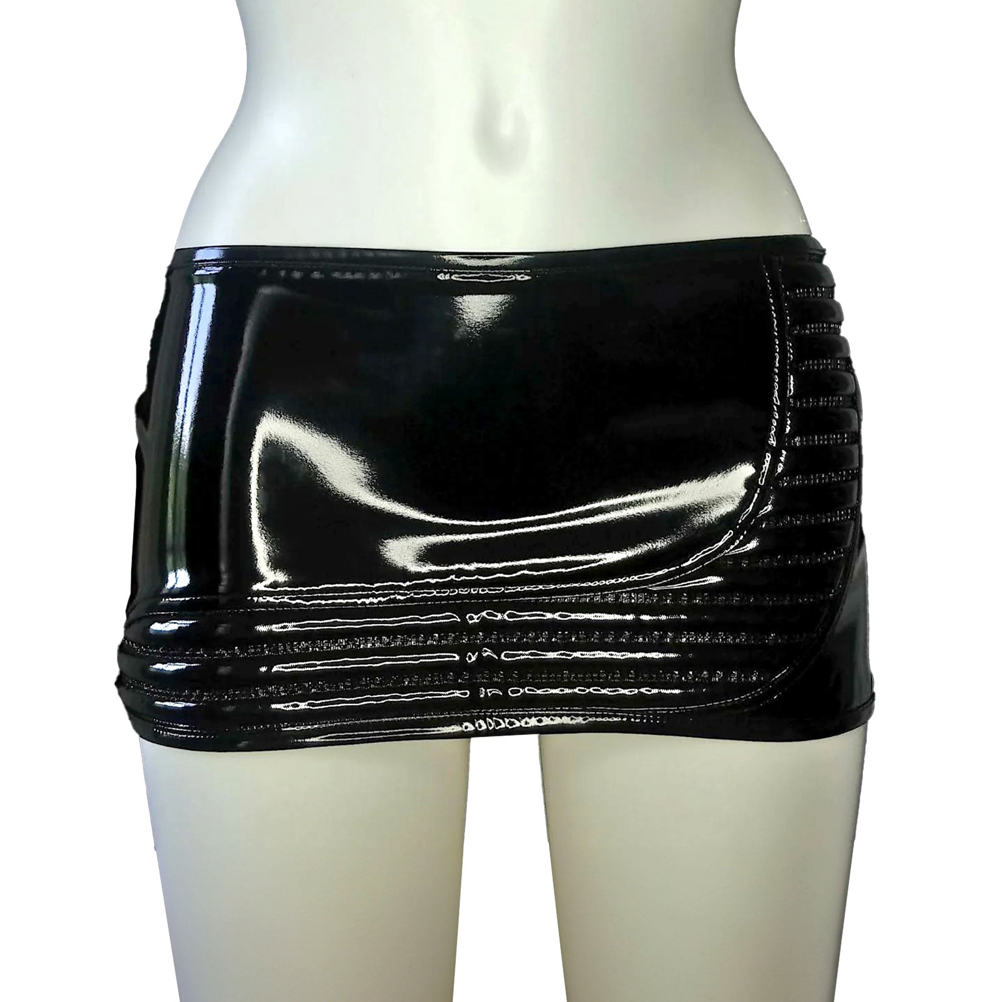 PVC glossy micro mini skirt miniskirt ribbing rib panel black