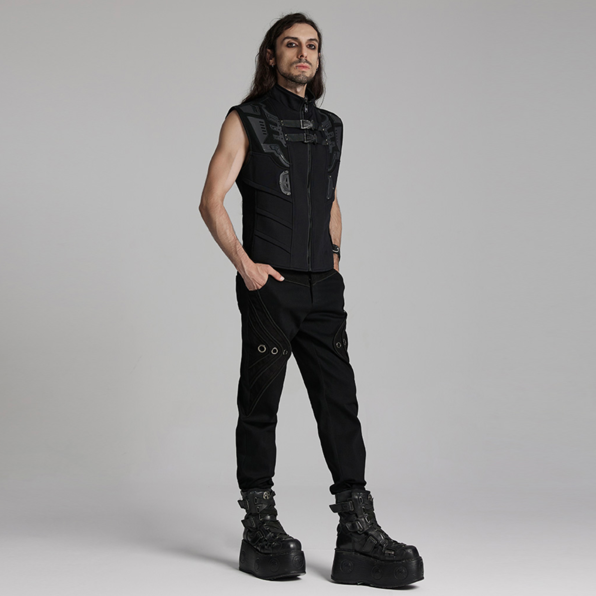 tactical cyberpunk black vest buckle straps futuristic 3d rubber armor stand up collar wide shoulders hidden pockets gothic punk alternative fashion vest