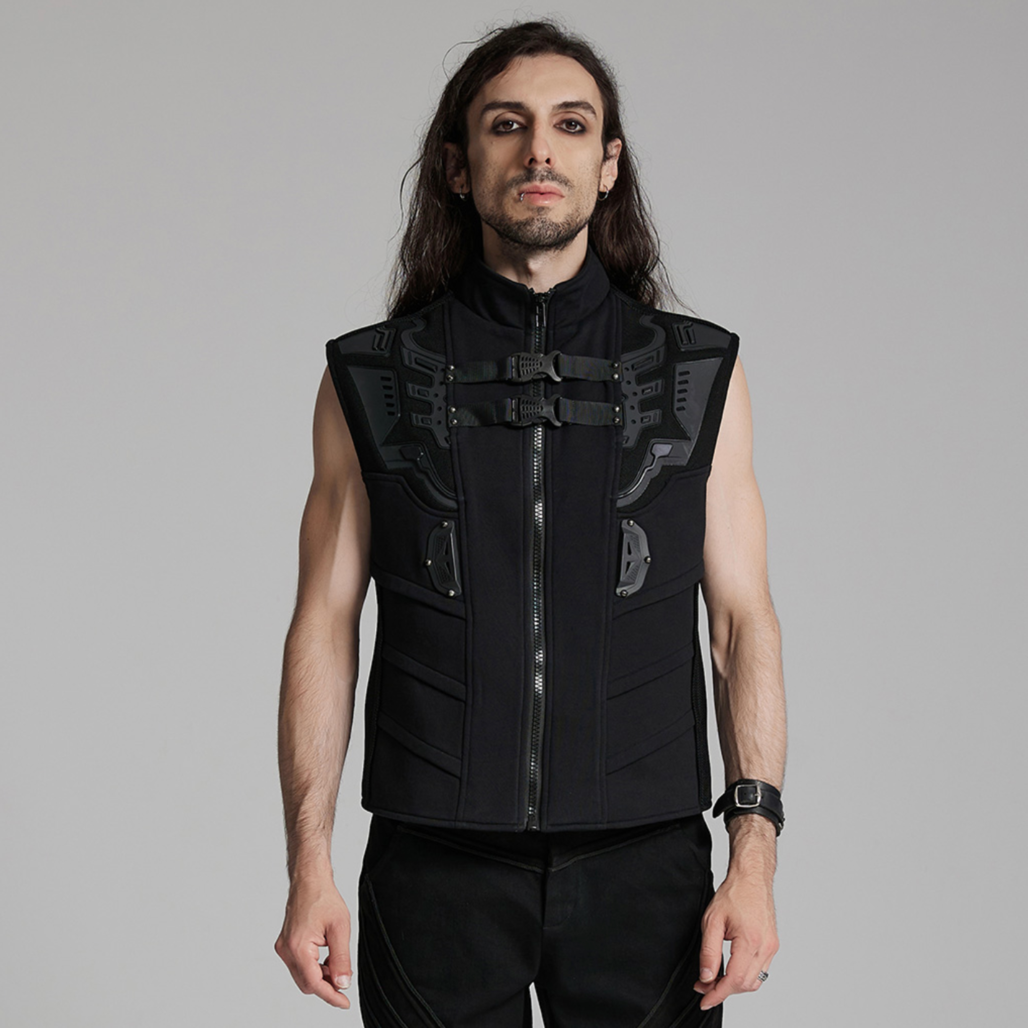 tactical cyberpunk black vest buckle straps futuristic 3d rubber armor stand up collar wide shoulders hidden pockets gothic punk alternative fashion vest