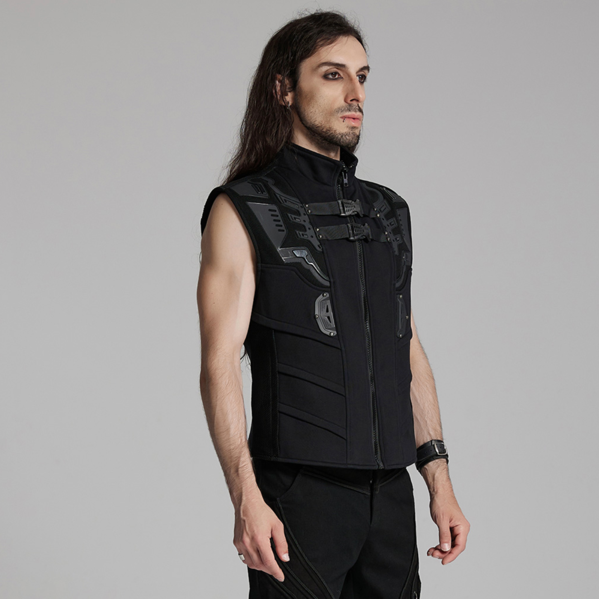 tactical cyberpunk black vest buckle straps futuristic 3d rubber armor stand up collar wide shoulders hidden pockets gothic punk alternative fashion vest