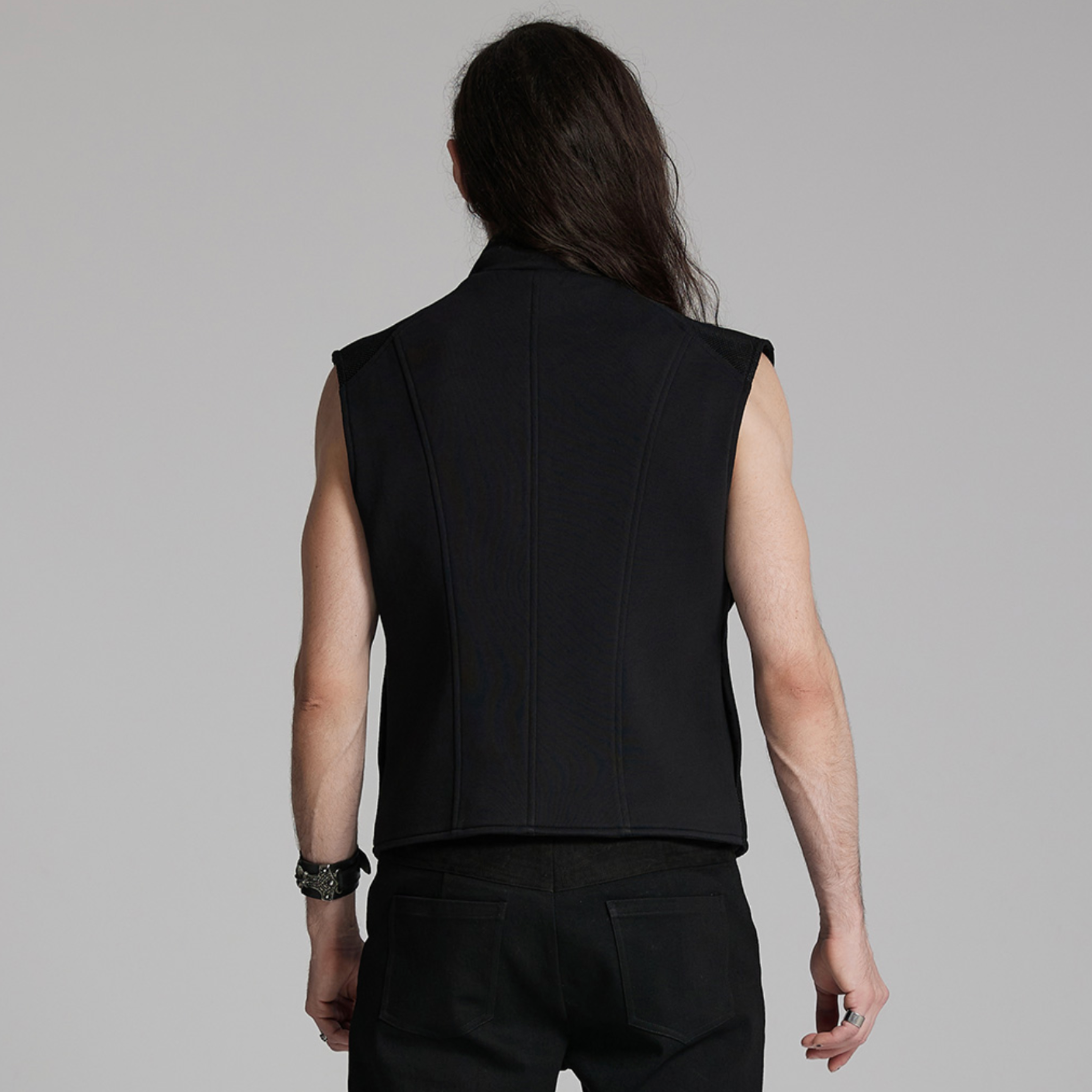 tactical cyberpunk black vest buckle straps futuristic 3d rubber armor stand up collar wide shoulders hidden pockets gothic punk alternative fashion vest
