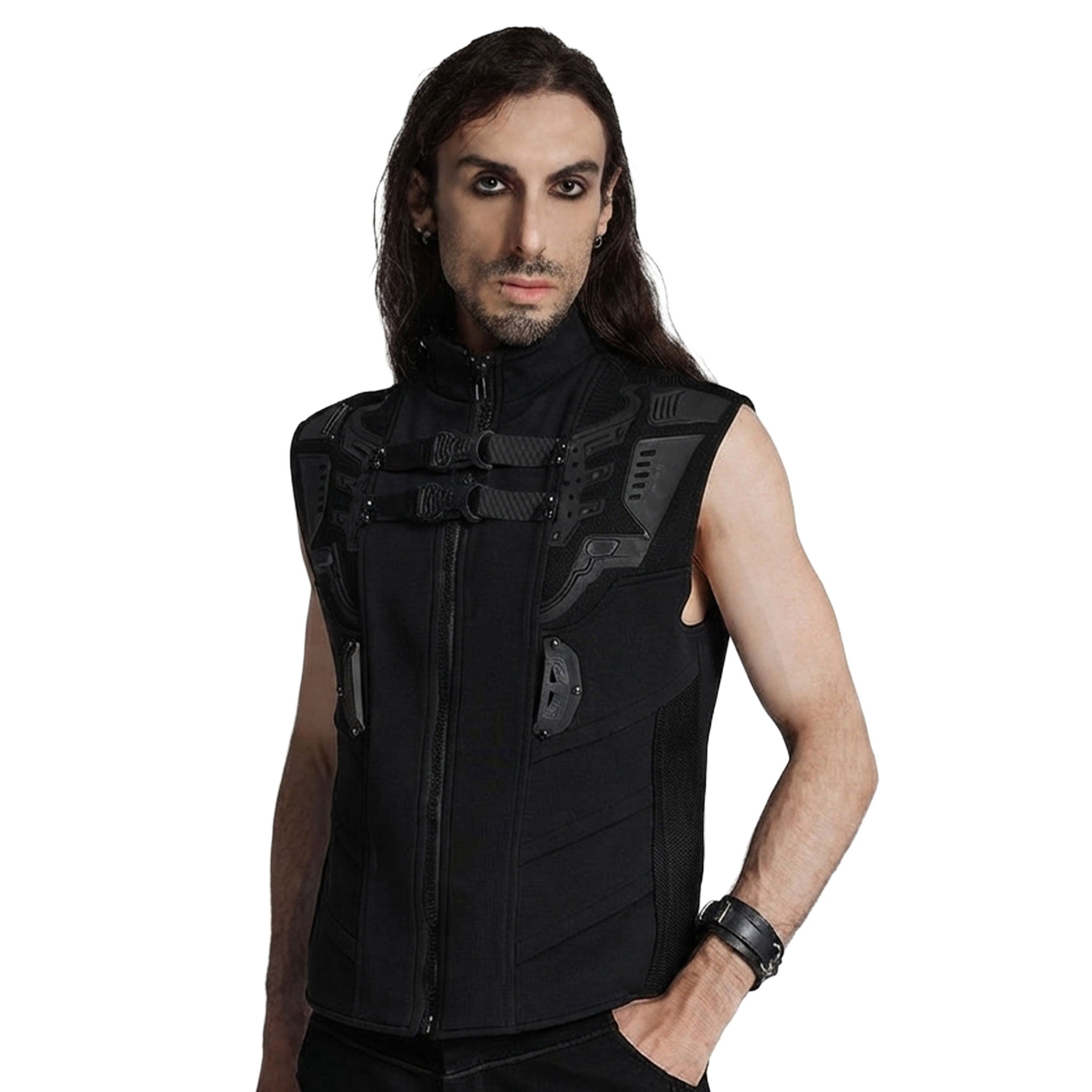Cotton polyester elastane plastic sweatshirt knit-fabric mesh apparel tops outerwear vest high-collar stand-up wide-shoulders buckle-straps front-closure zipper front-zip full-zip hidden-pockets durable comfortable textured lightweight futuristic stretchy tactical fetish fashion alt-fashion alternative punk goth gothic cyberpunk cyber-punk futuristic ravewear clubwear festivalwear streetwear urban-fashion costume cosplay halloween afterdark-collection male masculine masc mens menswear guys dudes black 