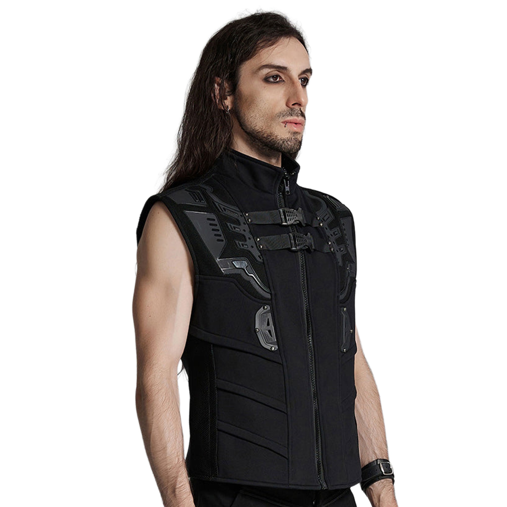 Cotton polyester elastane plastic sweatshirt knit-fabric mesh apparel tops outerwear vest high-collar stand-up wide-shoulders buckle-straps front-closure zipper front-zip full-zip hidden-pockets durable comfortable textured lightweight futuristic stretchy tactical fetish fashion alt-fashion alternative punk goth gothic cyberpunk cyber-punk futuristic ravewear clubwear festivalwear streetwear urban-fashion costume cosplay halloween afterdark-collection male masculine masc mens menswear guys dudes black 