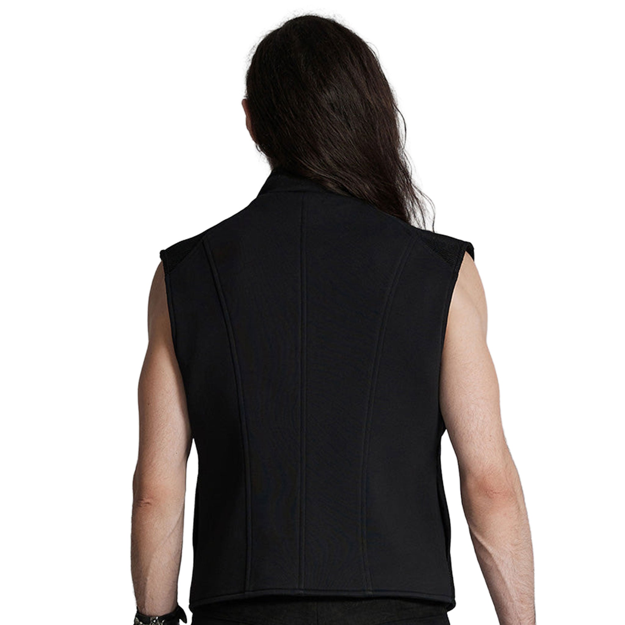 Cotton polyester elastane plastic sweatshirt knit-fabric mesh apparel tops outerwear vest high-collar stand-up wide-shoulders buckle-straps front-closure zipper front-zip full-zip hidden-pockets durable comfortable textured lightweight futuristic stretchy tactical fetish fashion alt-fashion alternative punk goth gothic cyberpunk cyber-punk futuristic ravewear clubwear festivalwear streetwear urban-fashion costume cosplay halloween afterdark-collection male masculine masc mens menswear guys dudes black 