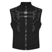 Cotton polyester elastane plastic sweatshirt knit-fabric mesh apparel tops outerwear vest high-collar stand-up wide-shoulders buckle-straps front-closure zipper front-zip full-zip hidden-pockets durable comfortable textured lightweight futuristic stretchy tactical fetish fashion alt-fashion alternative punk goth gothic cyberpunk cyber-punk futuristic ravewear clubwear festivalwear streetwear urban-fashion costume cosplay halloween afterdark-collection male masculine masc mens menswear guys dudes black 