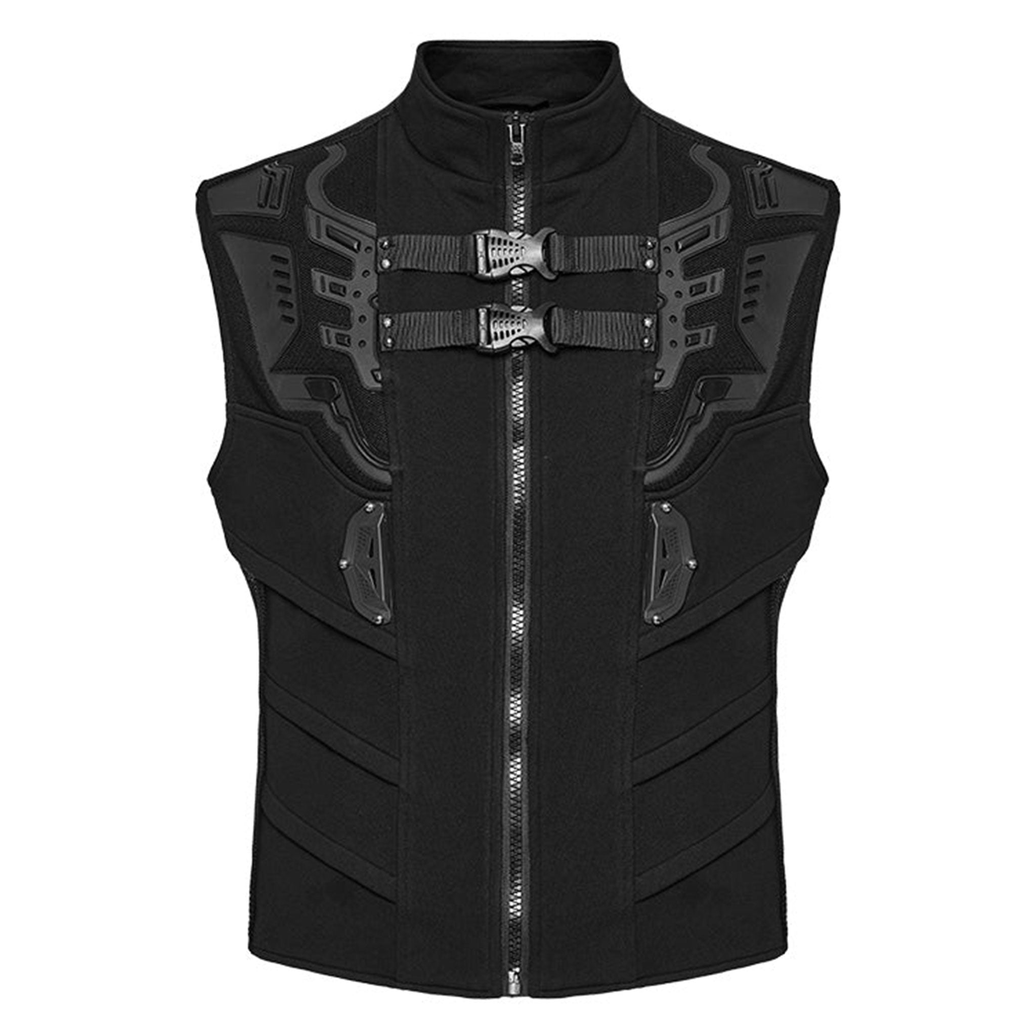 Cotton polyester elastane plastic sweatshirt knit-fabric mesh apparel tops outerwear vest high-collar stand-up wide-shoulders buckle-straps front-closure zipper front-zip full-zip hidden-pockets durable comfortable textured lightweight futuristic stretchy tactical fetish fashion alt-fashion alternative punk goth gothic cyberpunk cyber-punk futuristic ravewear clubwear festivalwear streetwear urban-fashion costume cosplay halloween afterdark-collection male masculine masc mens menswear guys dudes black 