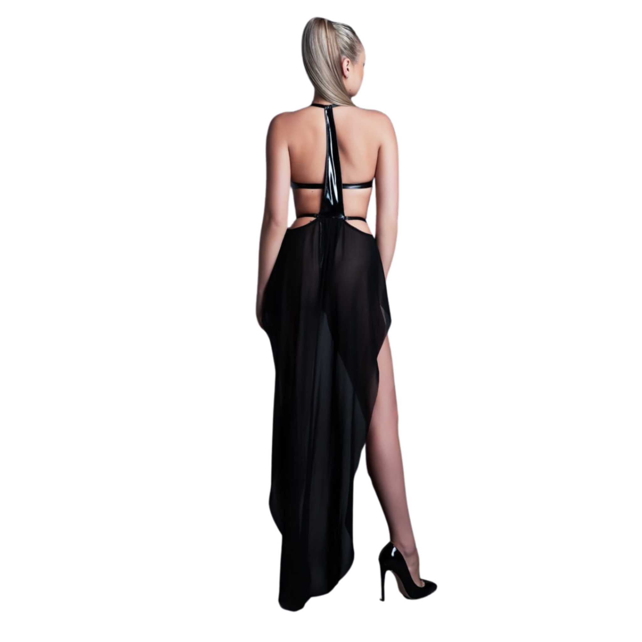 vinyl mesh bodysuit skirt set black, sheer mesh bodysuit and skirt, sexy vinyl lingerie set, wireless bodysuit vinyl mesh, fetish lingerie skirt set, rave bodysuit and mesh skirt, sexy clubwear black vinyl mesh set, fetish fashion matching set