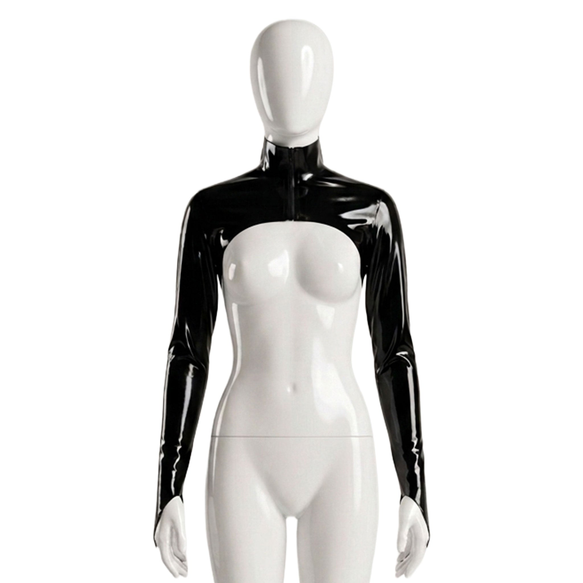 Latex rubber apparel tops jacket bolero longsleeve long-sleeve sleeves sleeved pointed-cuffs high-neck turtleneck turtle-neck zipper front-zip stretchy shiny glossy fetish fashion alt-fashion punk goth gothic cyber fetishwear rave raver-babe ravewear bondage bdsm bdsm-fashion kink kinky kinkwear costume cosplay halloween female femme feminine womens black