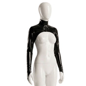 Latex rubber apparel tops jacket bolero longsleeve long-sleeve sleeves sleeved pointed-cuffs high-neck turtleneck turtle-neck zipper front-zip stretchy shiny glossy fetish fashion alt-fashion punk goth gothic cyber fetishwear rave raver-babe ravewear bondage bdsm bdsm-fashion kink kinky kinkwear costume cosplay halloween female femme feminine womens black