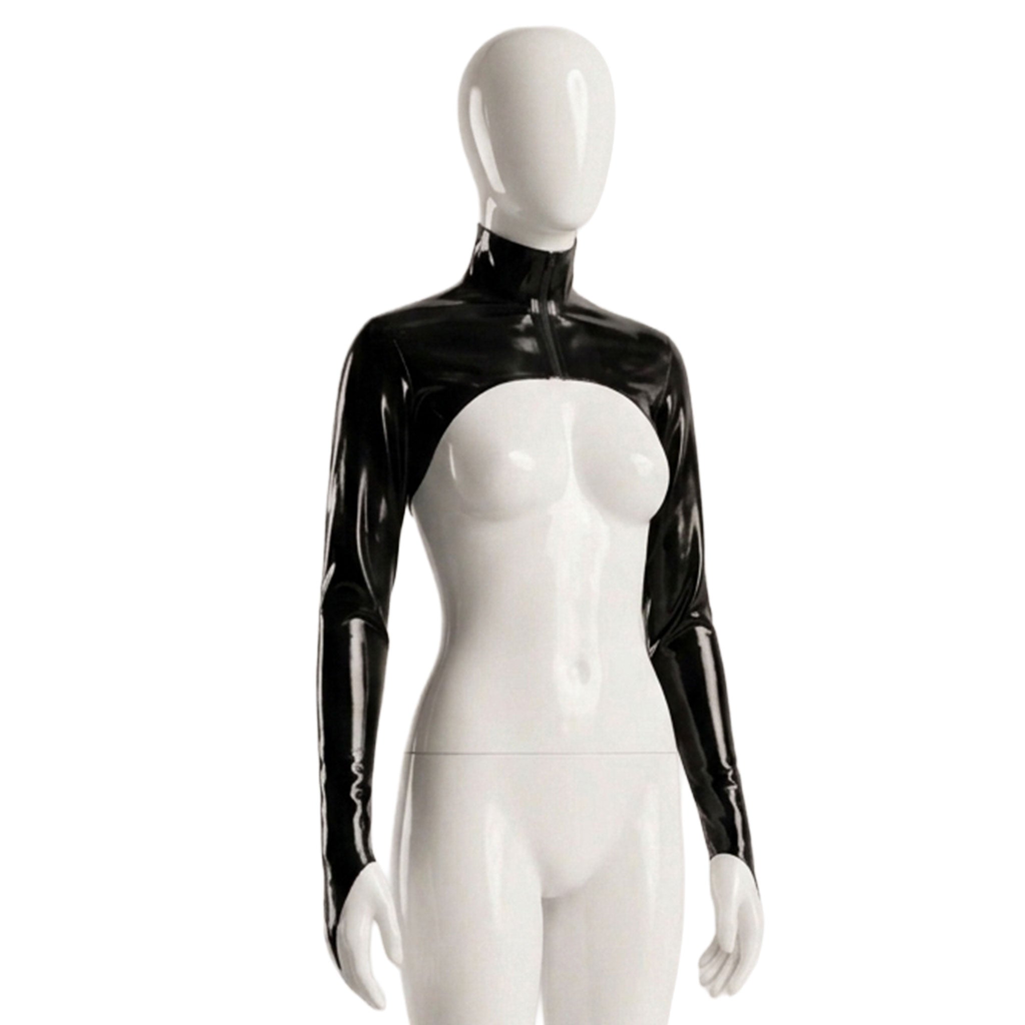 Latex rubber apparel tops jacket bolero longsleeve long-sleeve sleeves sleeved pointed-cuffs high-neck turtleneck turtle-neck zipper front-zip stretchy shiny glossy fetish fashion alt-fashion punk goth gothic cyber fetishwear rave raver-babe ravewear bondage bdsm bdsm-fashion kink kinky kinkwear costume cosplay halloween female femme feminine womens black