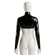 Latex rubber apparel tops jacket bolero longsleeve long-sleeve sleeves sleeved pointed-cuffs high-neck turtleneck turtle-neck zipper front-zip stretchy shiny glossy fetish fashion alt-fashion punk goth gothic cyber fetishwear rave raver-babe ravewear bondage bdsm bdsm-fashion kink kinky kinkwear costume cosplay halloween female femme feminine womens black