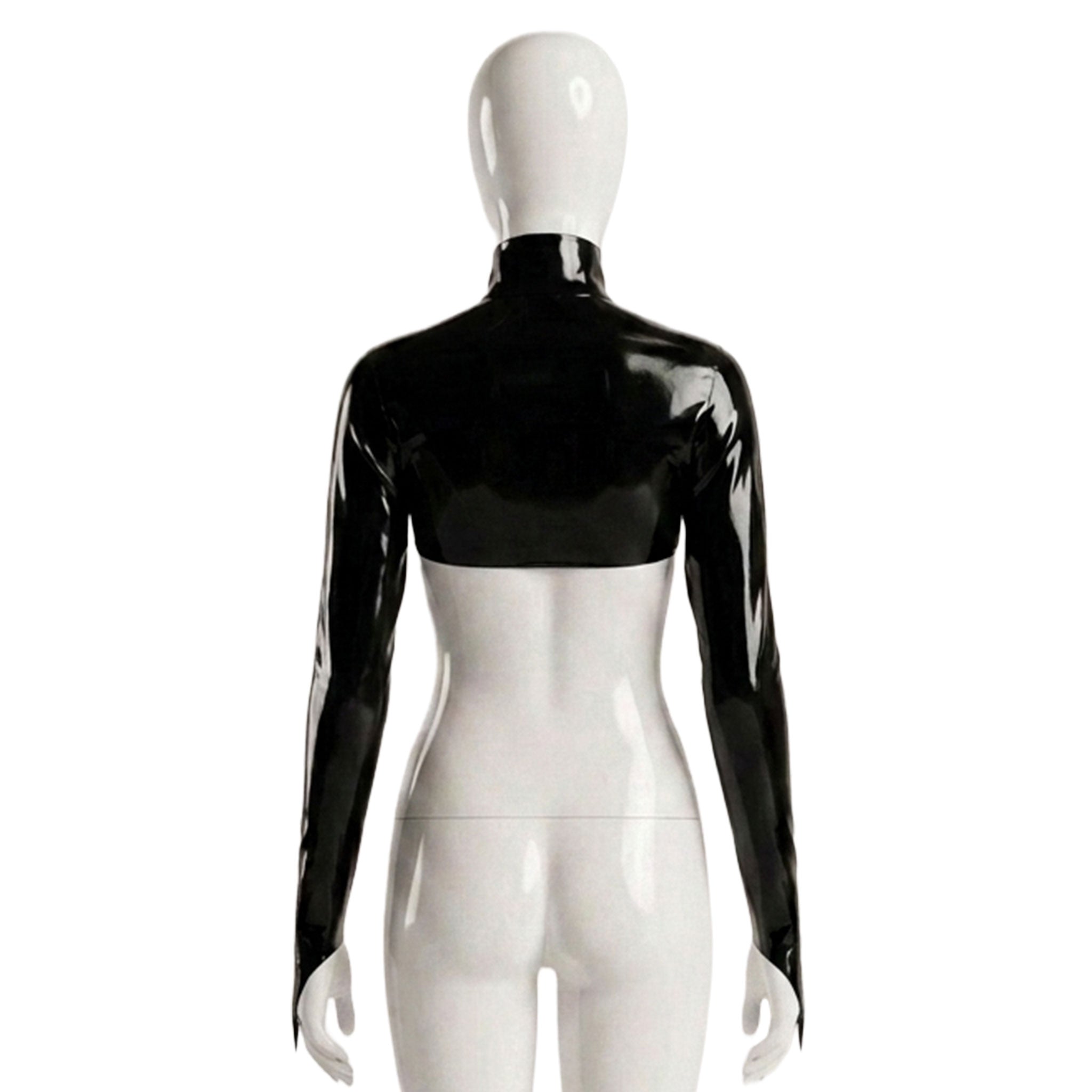 Latex rubber apparel tops jacket bolero longsleeve long-sleeve sleeves sleeved pointed-cuffs high-neck turtleneck turtle-neck zipper front-zip stretchy shiny glossy fetish fashion alt-fashion punk goth gothic cyber fetishwear rave raver-babe ravewear bondage bdsm bdsm-fashion kink kinky kinkwear costume cosplay halloween female femme feminine womens black